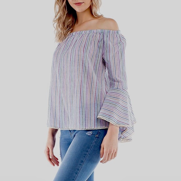 SOLITAIRE RAINBOW STRIPED BELL SLEEVE OFF SHOULDER - Picture 1 of 16